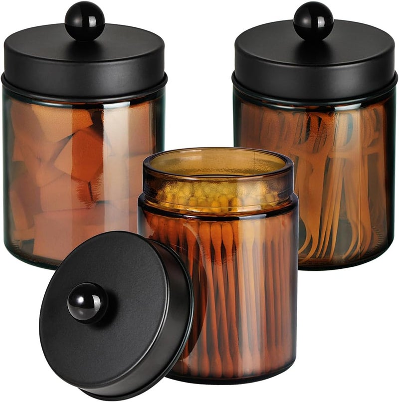 Komashr Amber Glass Qtip Holder, Apothecary Jar,Qtip Dispenser with Metal Lid & Stickers- 3Pack Containers,Vanity Canister Organizer Storage,Bathroom Accessories Set for Cotton Swab, Ball, Pad, Floss - Image 1
